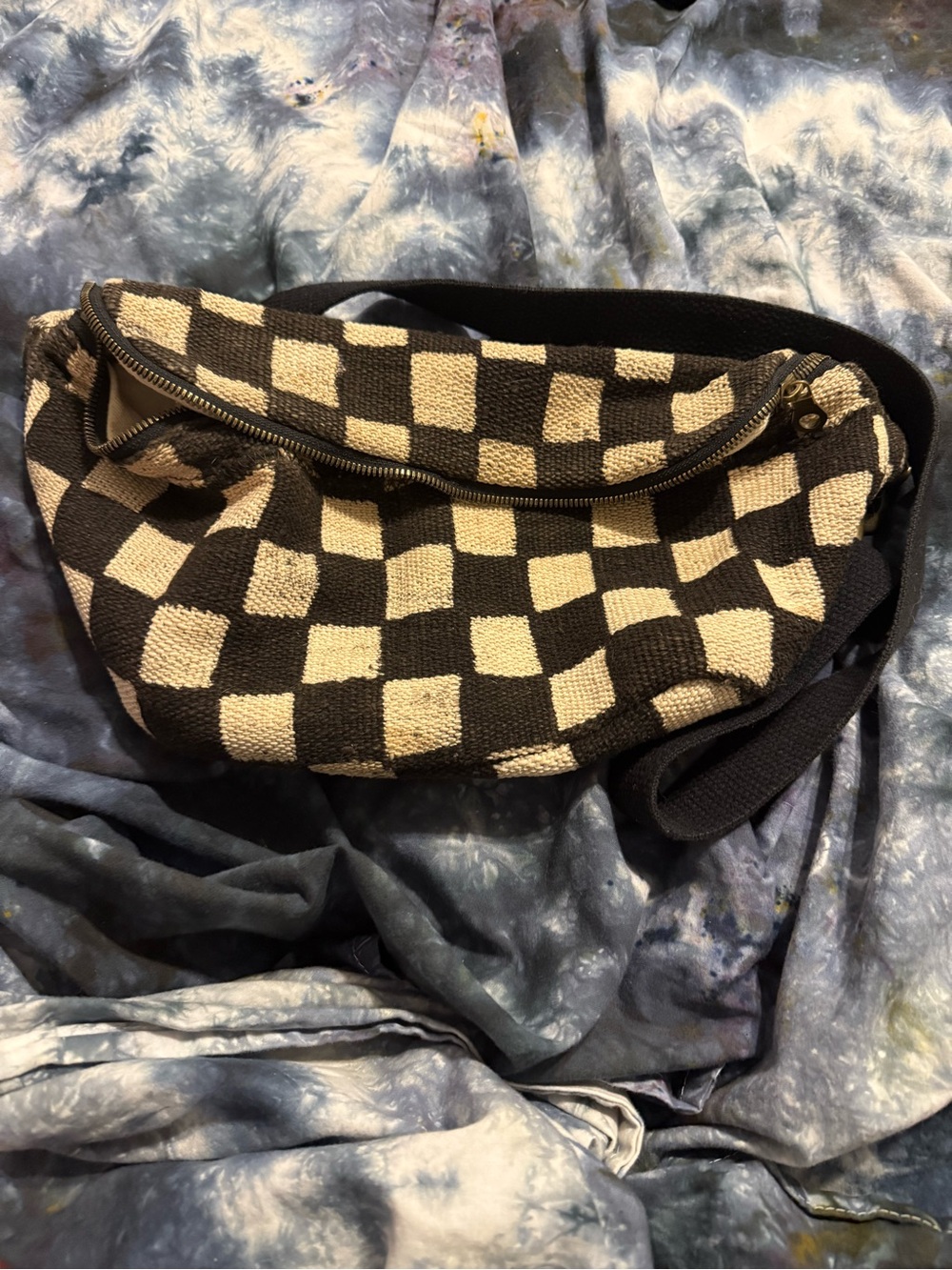 Checkerboard Canvas Crossbody Belt Bag in Black and Cream